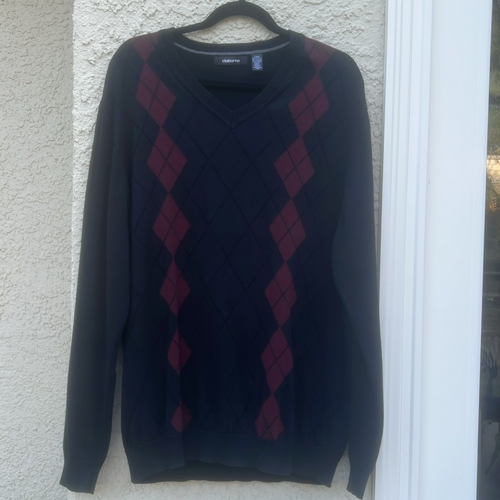 Claiborne Men's Black Burgundy Argyle V-Neck Sweater Size L